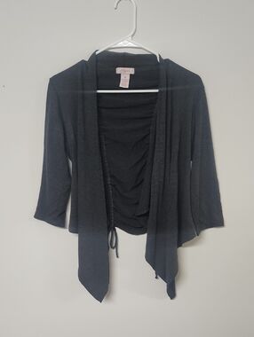 Candie's Charcoal Open-Front Ruched Tie Cardigan